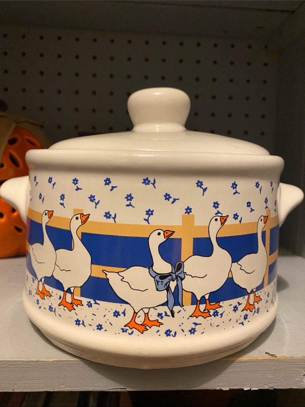 Vintage Goose with Blue Ribbons White Lid Canister Ceramic Pot w/ handles Geese